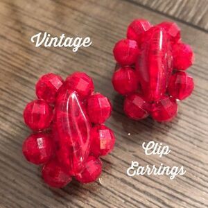 Vintage Cherry Red Beaded Clip Earrings W. Germany